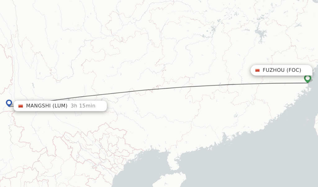 Flights from Fuzhou to Mangshi route map