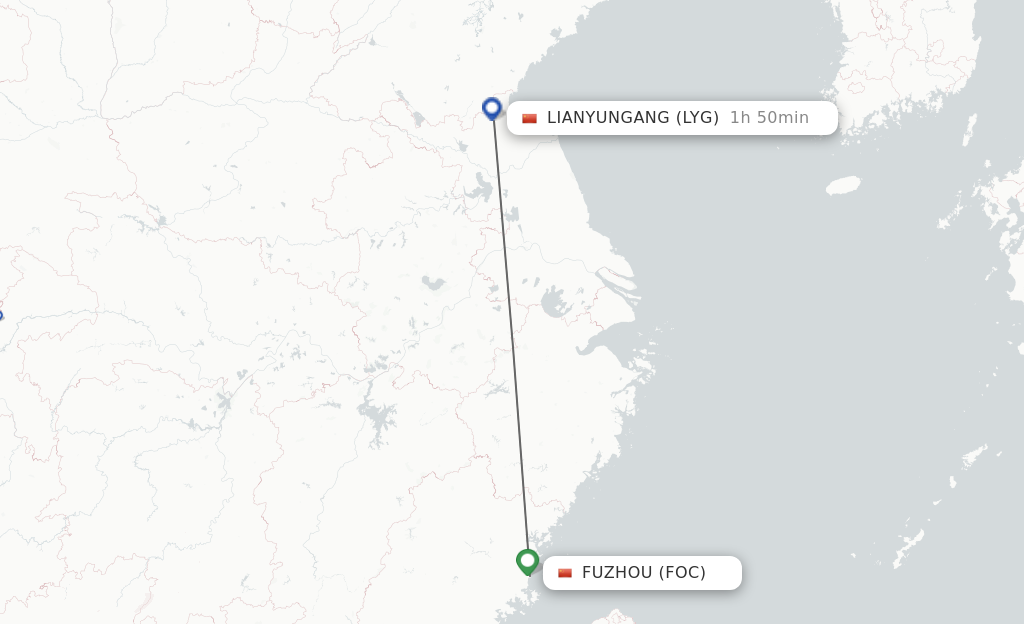Flights from Fuzhou to Lianyungang route map
