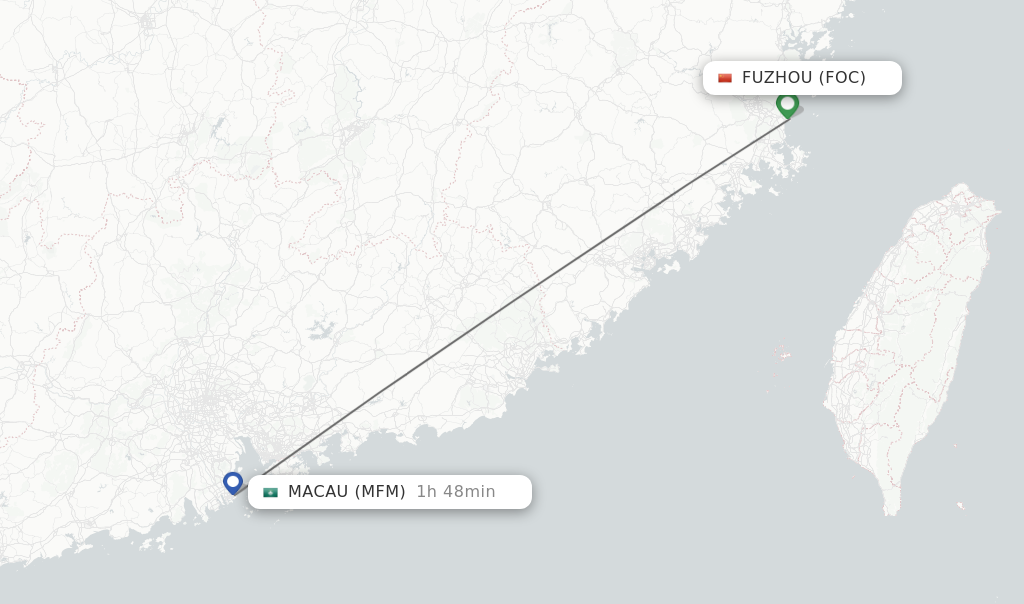 Flights from Fuzhou to Macau route map