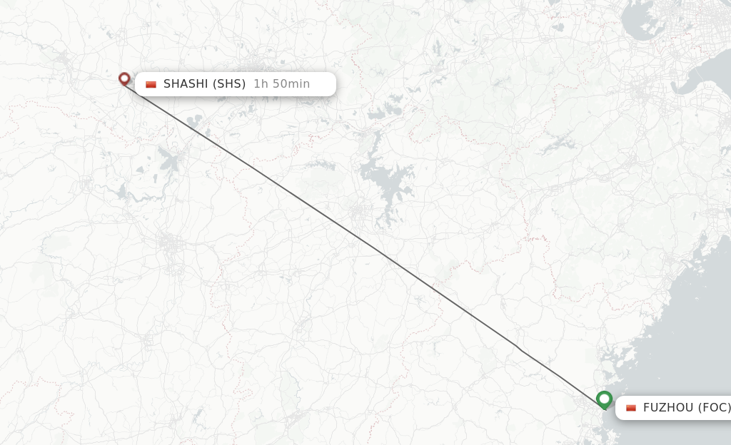 Flights from Fuzhou to Shashi route map