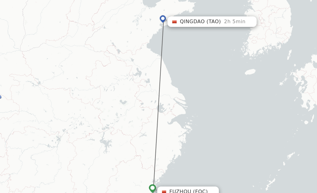 Flights from Fuzhou to Qingdao route map