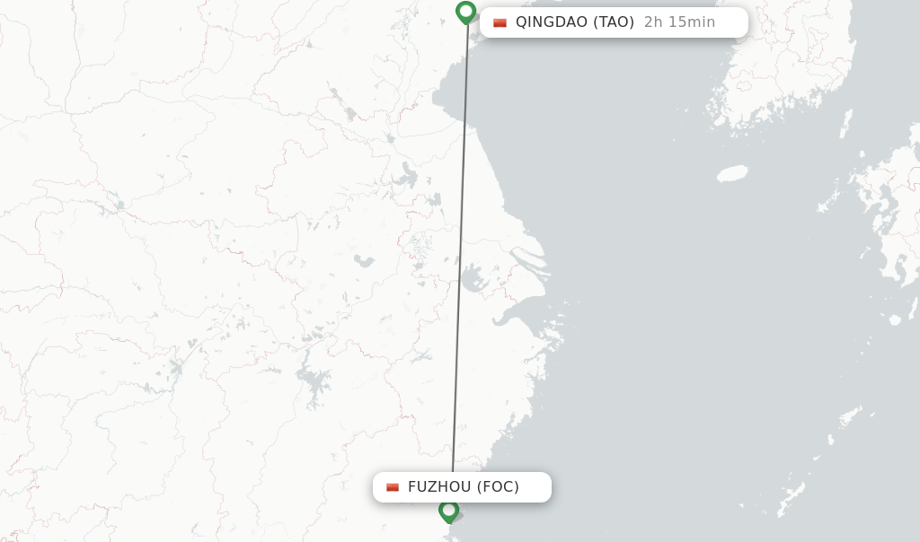 Flights from Fuzhou to Qingdao route map