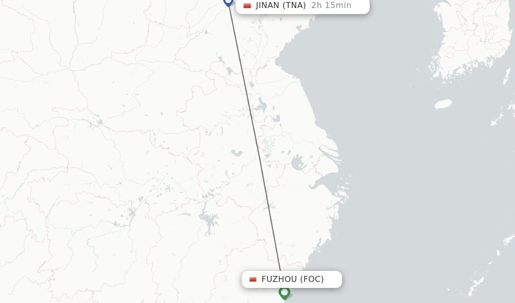 Flights from Fuzhou to Jinan route map