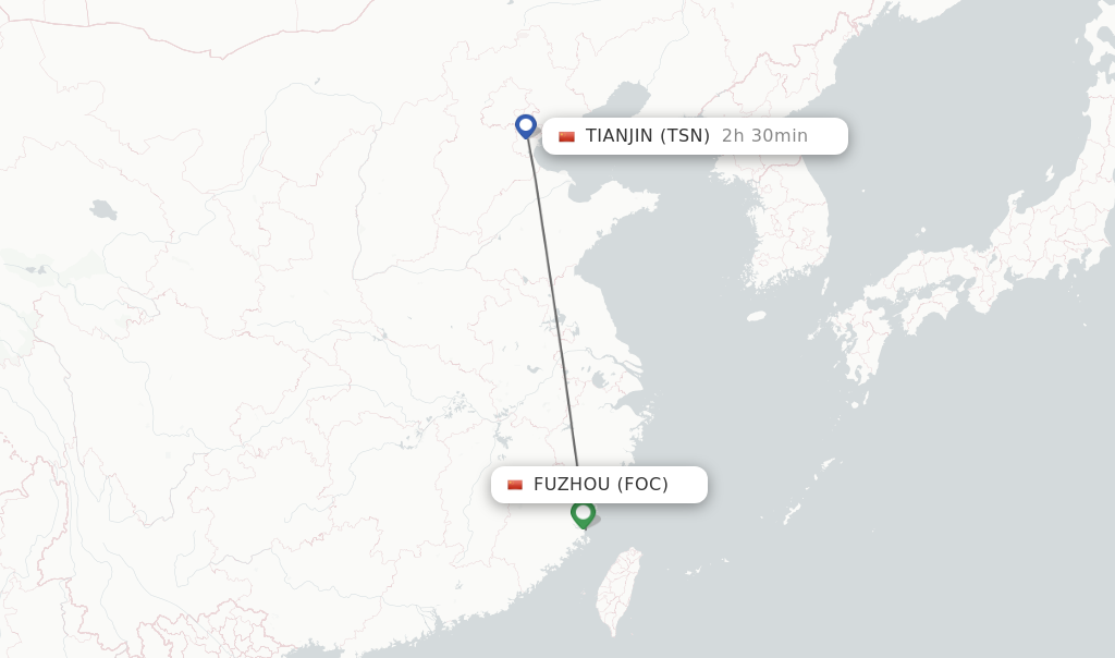 Flights from Fuzhou to Tianjin route map