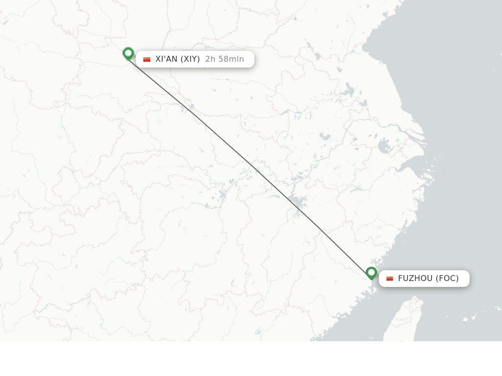 Flights from Fuzhou to Xi'an route map