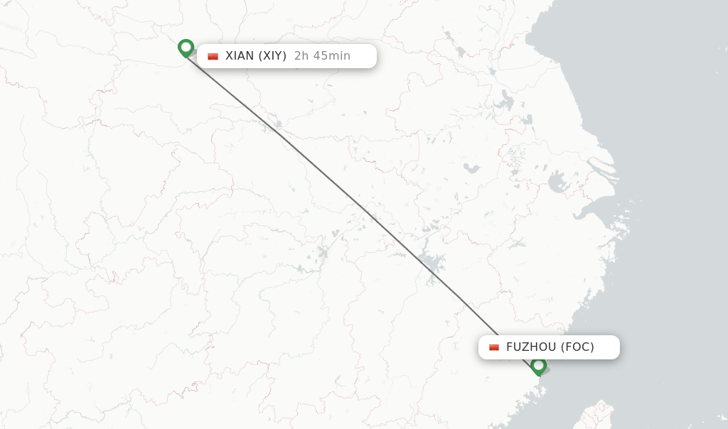 Flights from Fuzhou to Xian route map