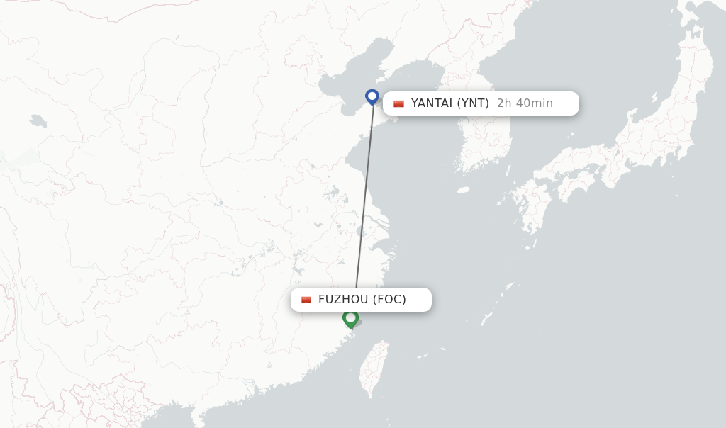 Flights from Fuzhou to Yantai route map