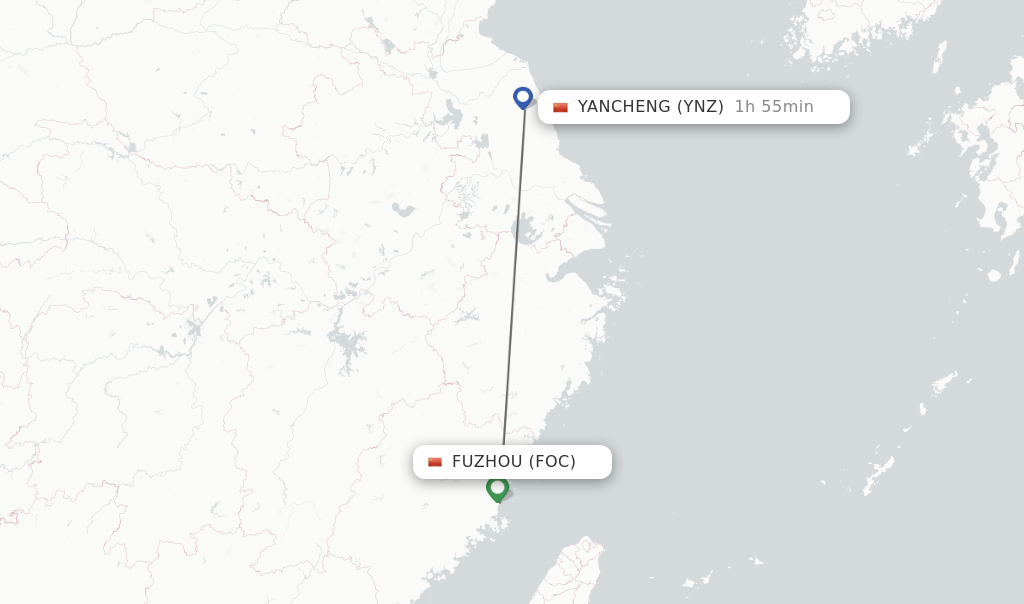 Flights from Fuzhou to Yancheng route map