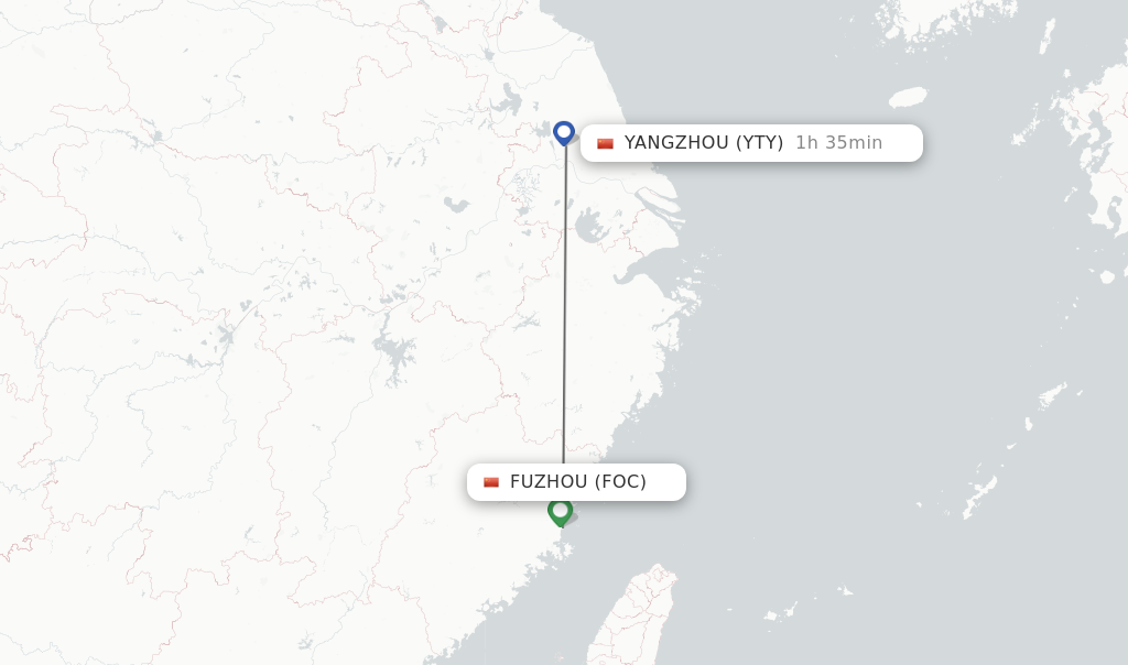 Flights from Fuzhou to Yangzhou route map