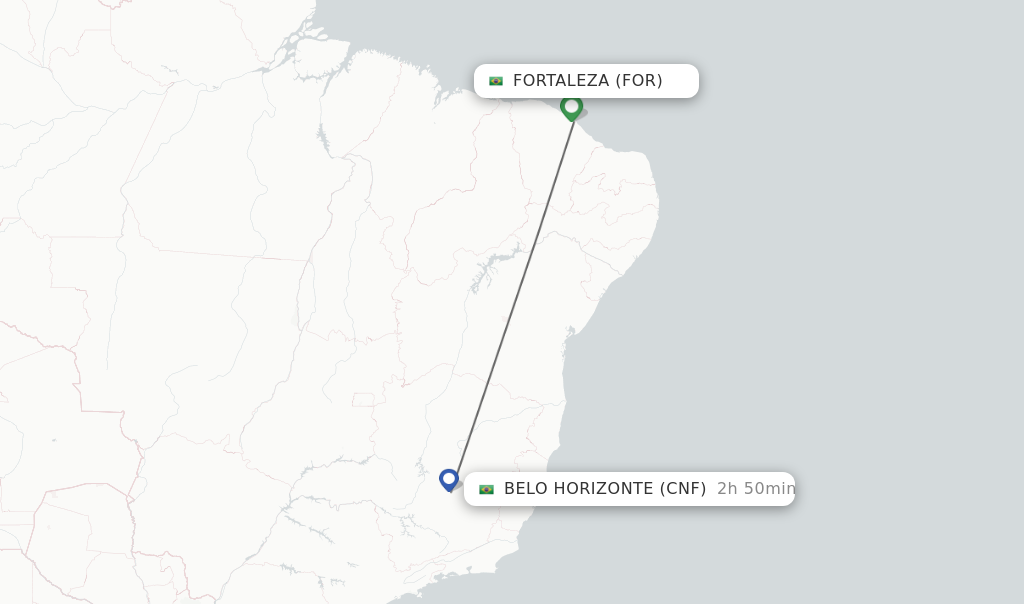 Flights from Fortaleza to Belo Horizonte route map