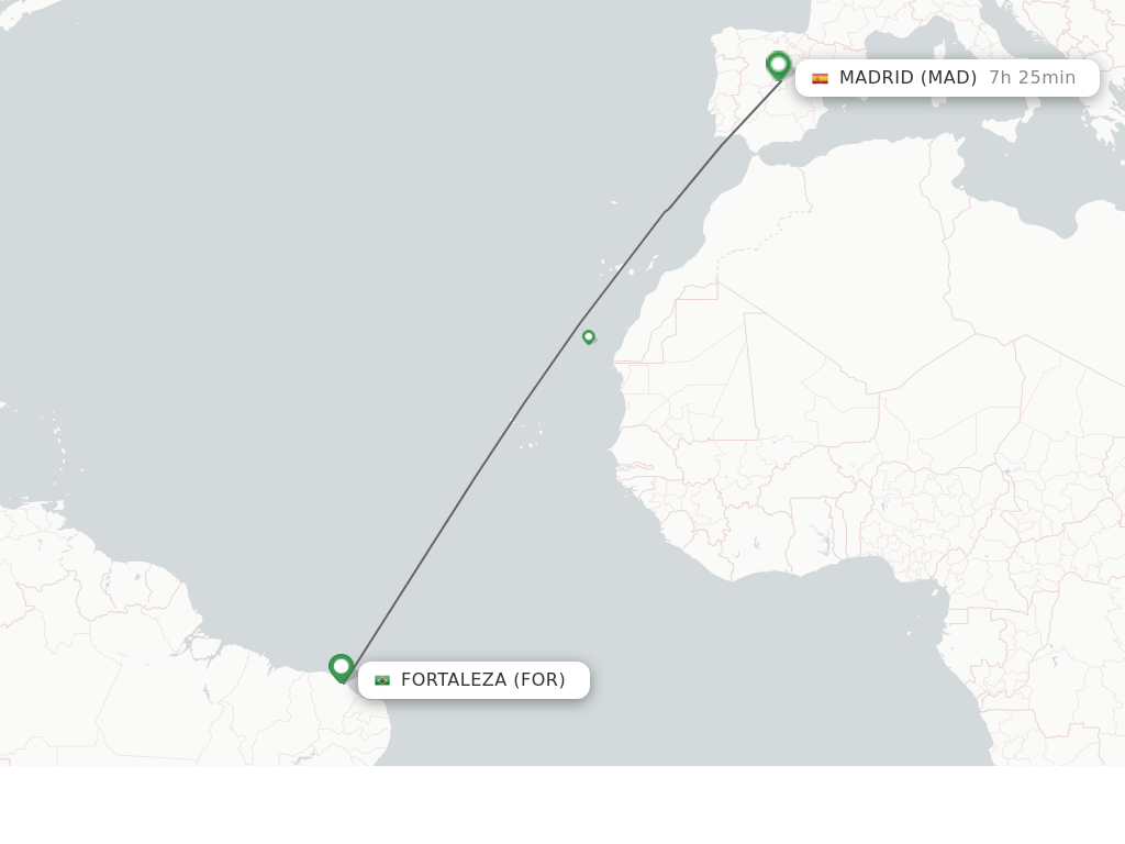 Flights from Fortaleza to Madrid route map
