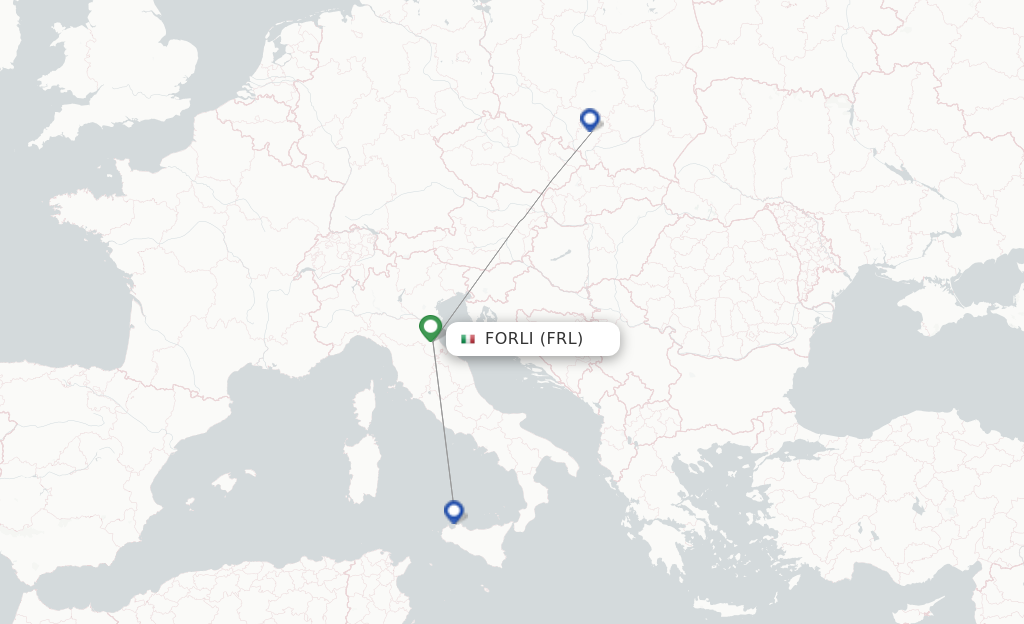 Route map with flights from Forli with Ryanair