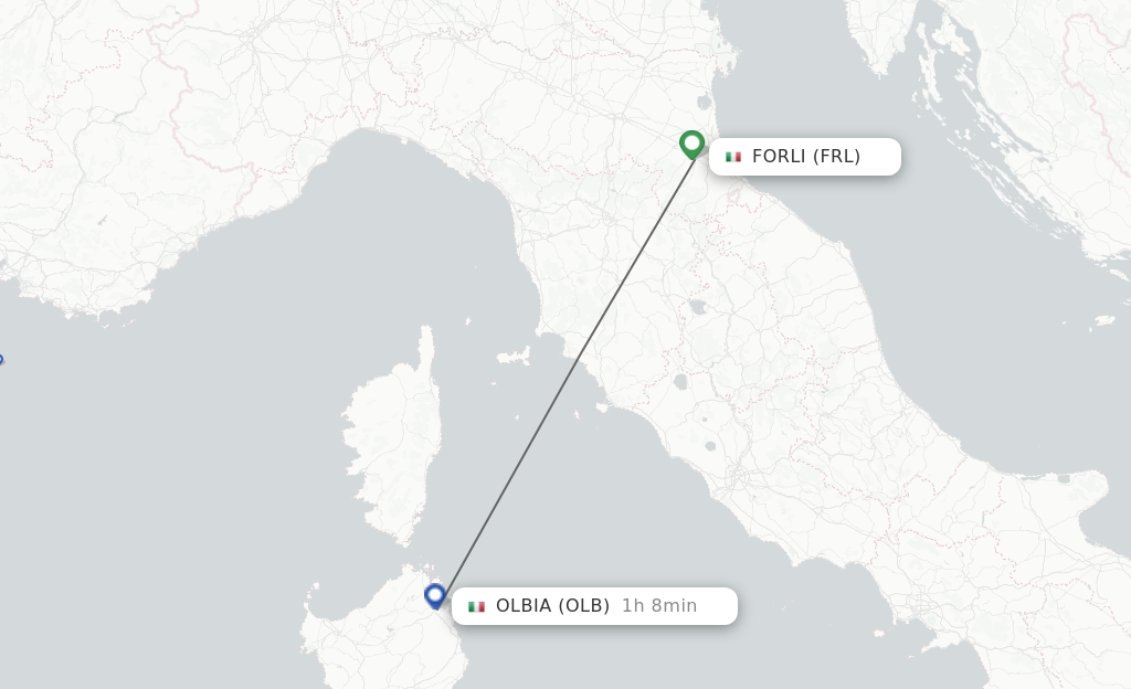 Flights from Forli to Olbia route map