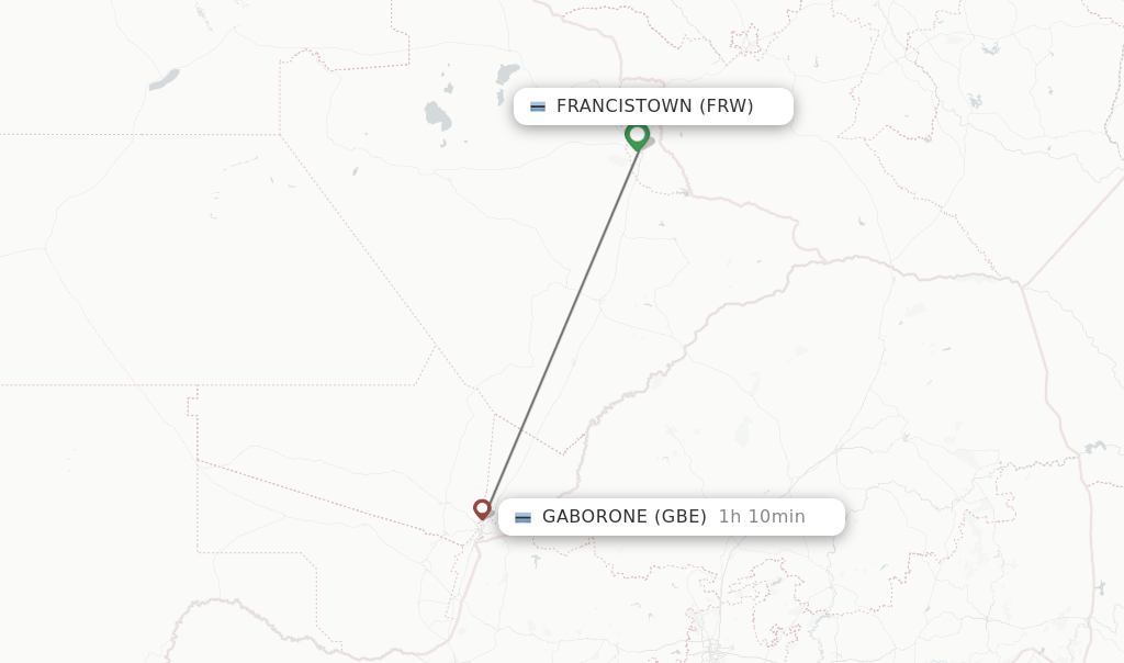 Flights from Francistown to Gaborone route map