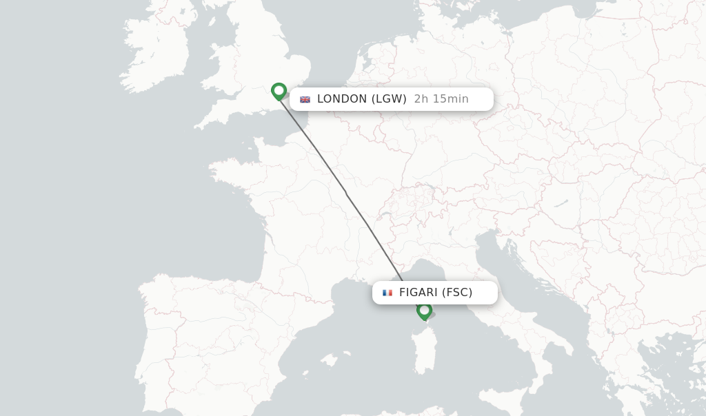 Flights from Figari to London route map