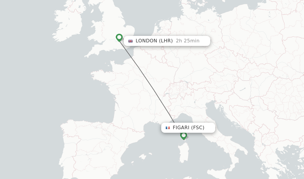 Flights from Figari to London route map