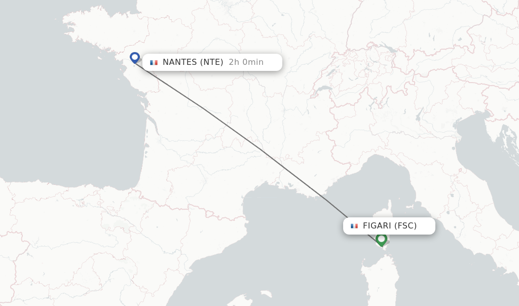 Flights from Figari to Nantes route map