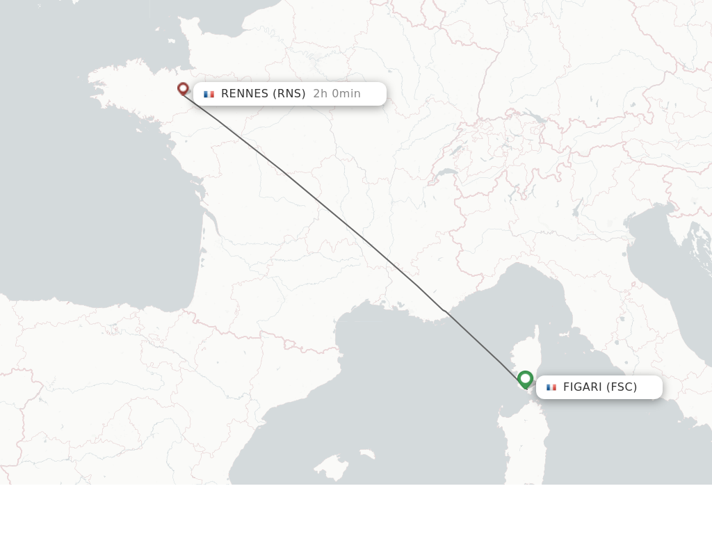 Flights from Figari to Rennes route map