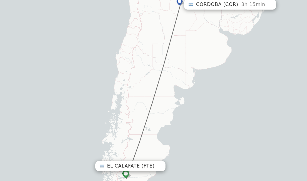 Flights from El Calafate to Cordoba route map
