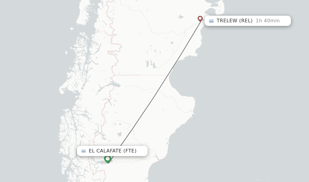 Flights from El Calafate to Trelew route map
