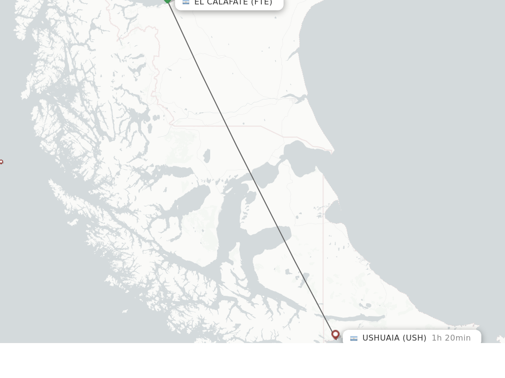 Flights from El Calafate to Ushuaia route map