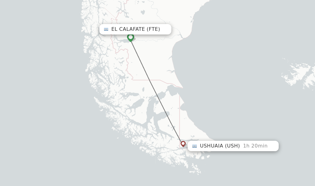 Flights from El Calafate to Ushuaia route map
