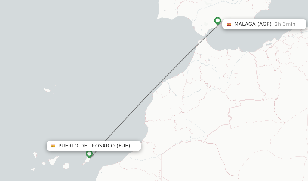 Flights from Puerto del Rosario to Malaga route map