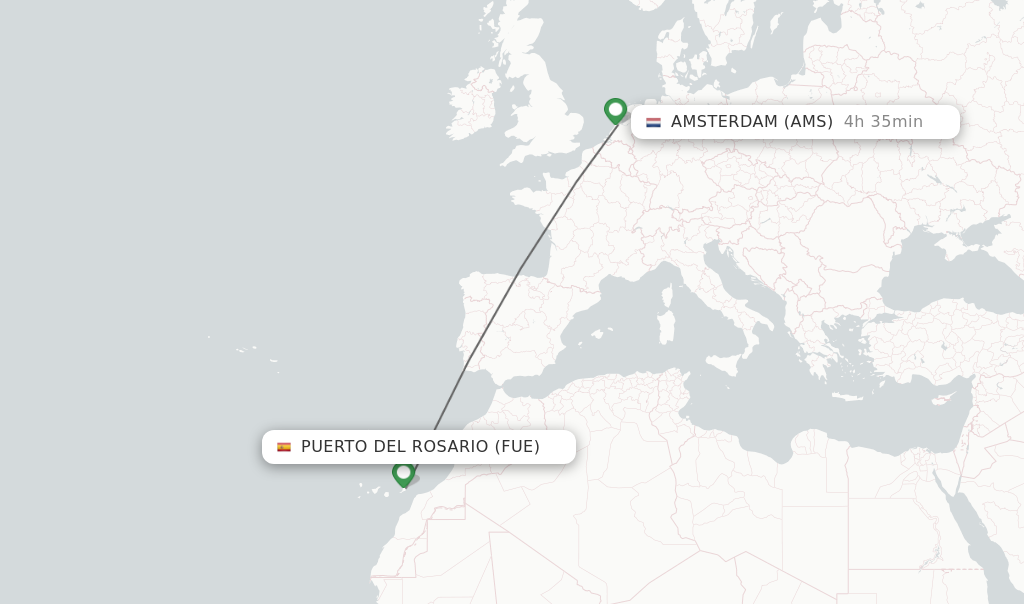 Flights from Puerto del Rosario to Amsterdam route map