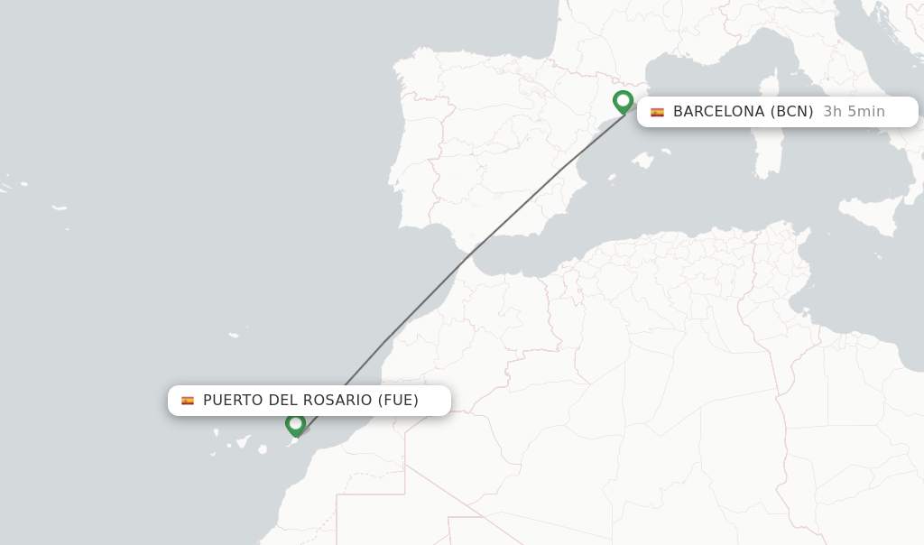 Flights from Puerto del Rosario to Barcelona route map