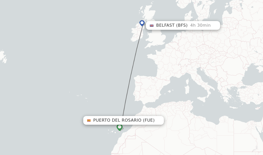 Flights from Puerto del Rosario to Belfast route map