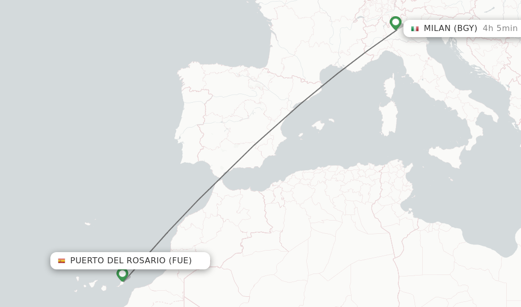 Flights from Puerto del Rosario to Milan route map