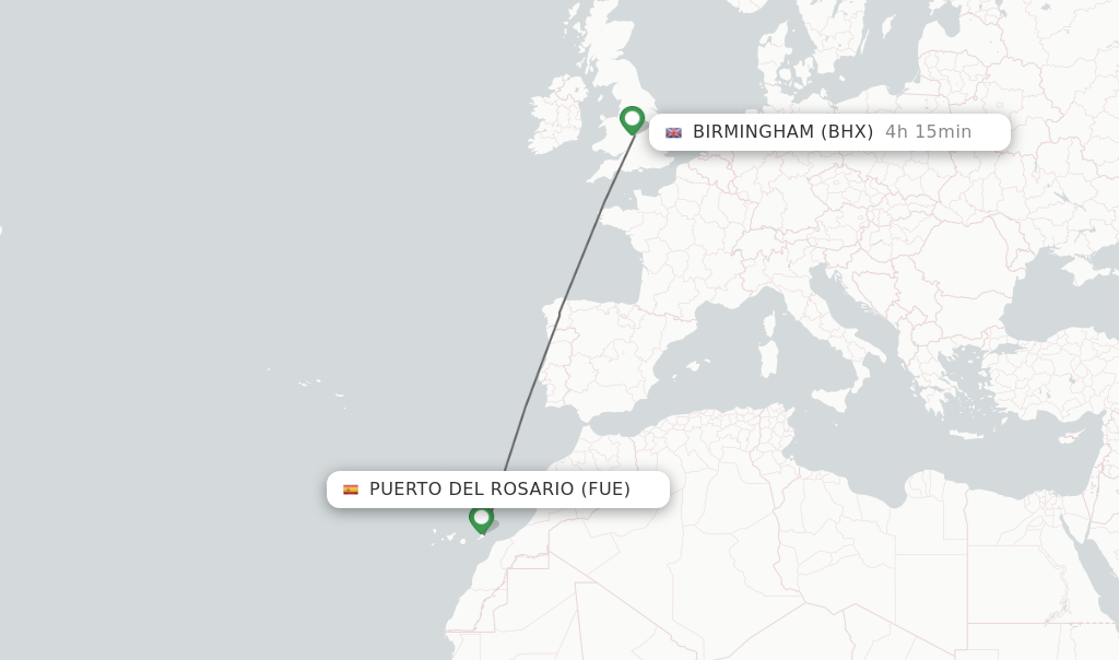 Flights from Puerto del Rosario to Birmingham route map