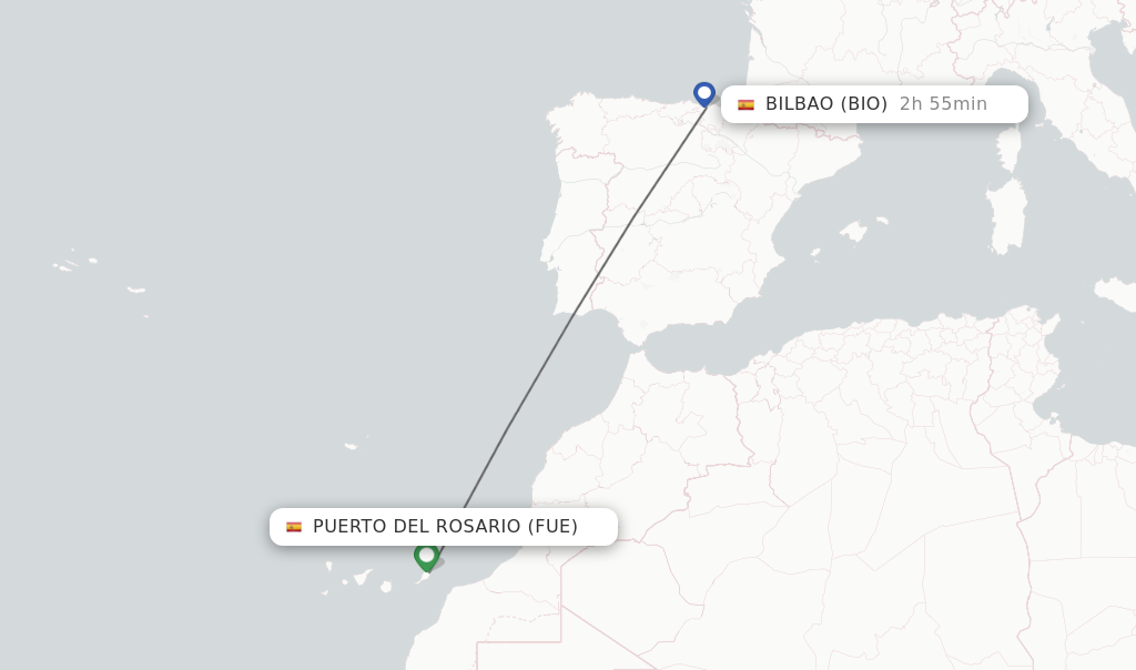 Flights from Puerto del Rosario to Bilbao route map