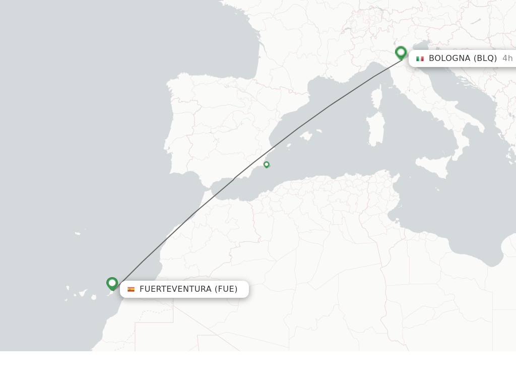 Flights from Puerto del Rosario to Bologna route map