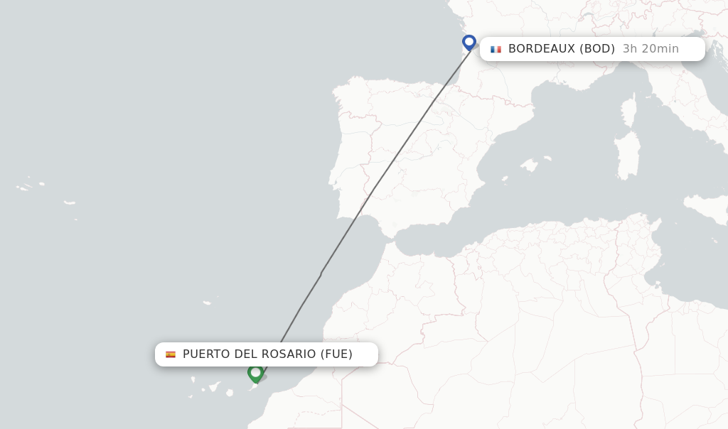 Flights from Puerto del Rosario to Bordeaux route map