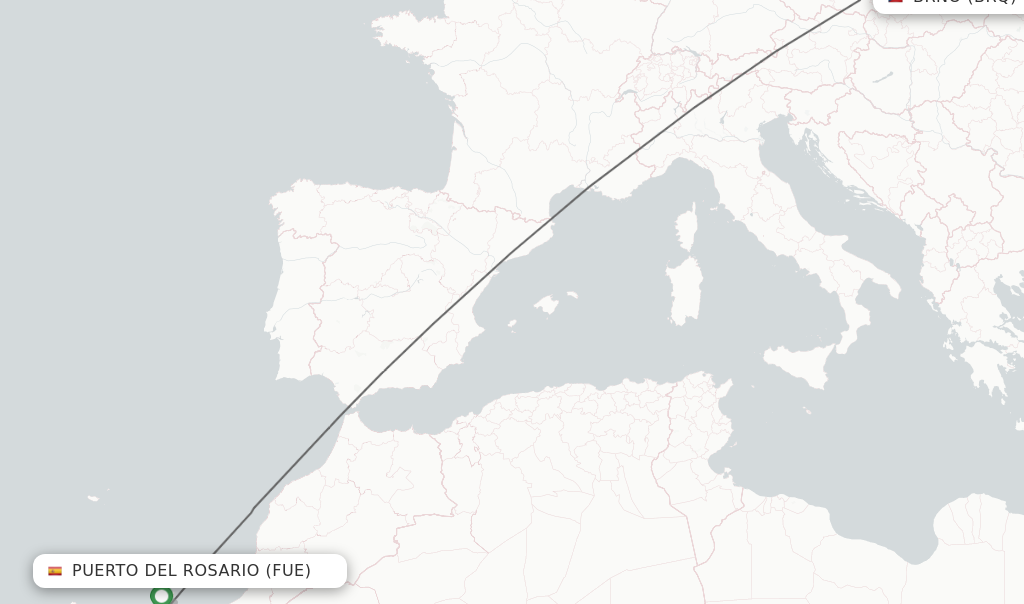 Flights from Puerto del Rosario to Brno route map