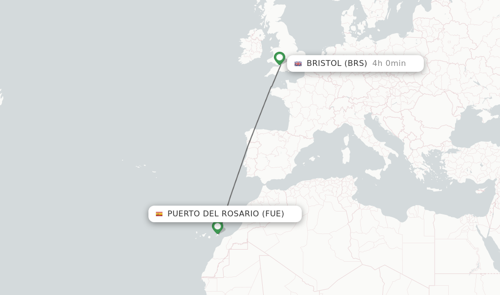 Flights from Puerto del Rosario to Bristol route map