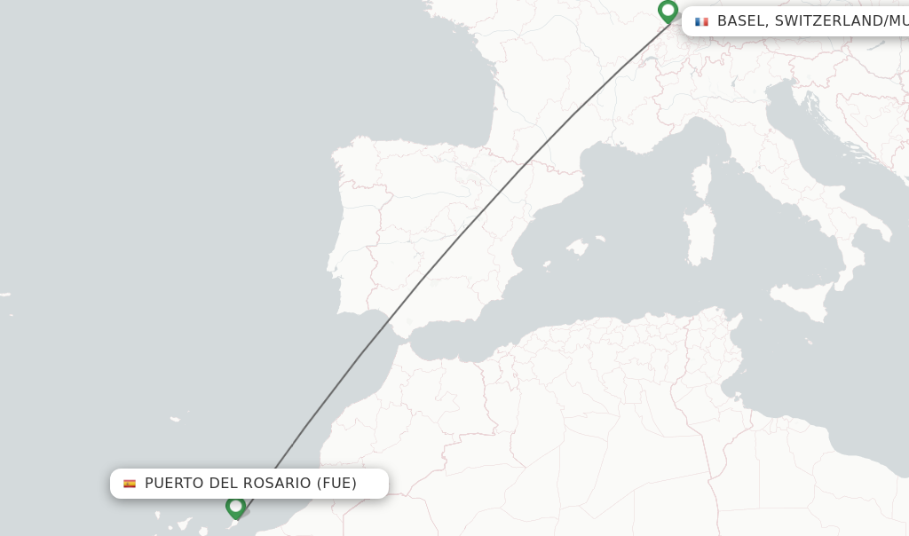 Flights from Puerto del Rosario to Basel, Switzerland/Mulhouse route map