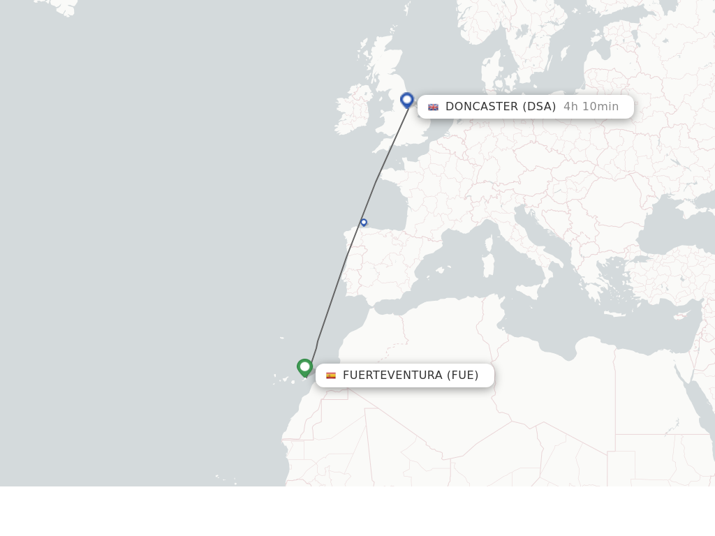 Flights from Puerto del Rosario to Doncaster route map