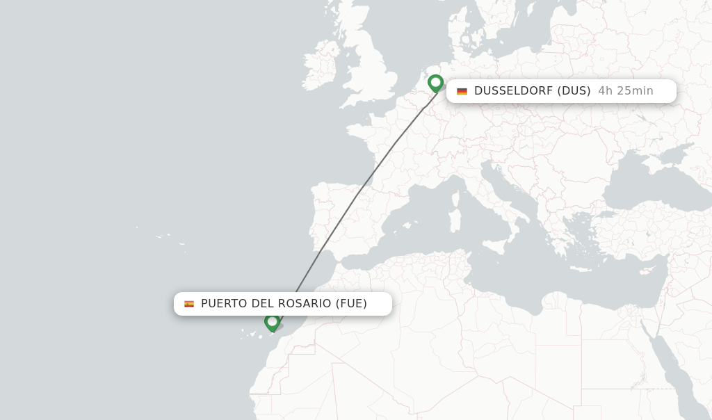 Flights from Puerto del Rosario to Dusseldorf route map