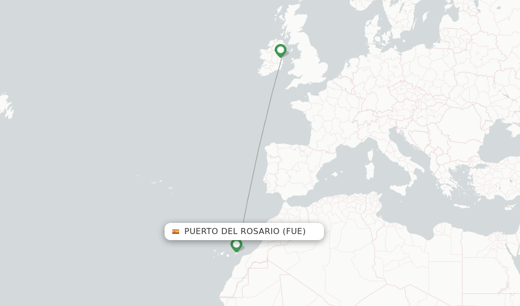 Route map with flights from Puerto del Rosario with Aer Lingus