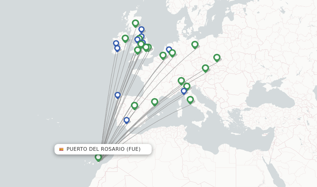 Route map with flights from Puerto del Rosario with Ryanair
