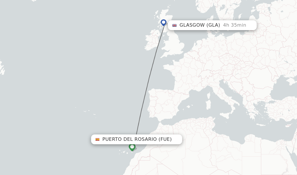 Flights from Puerto del Rosario to Glasgow route map