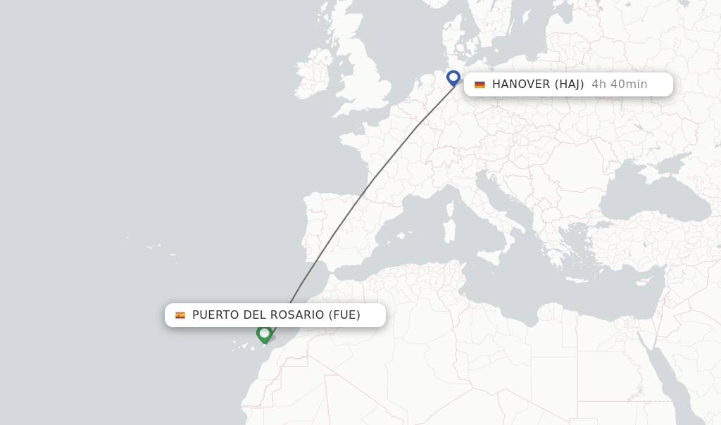 Flights from Puerto del Rosario to Hanover route map