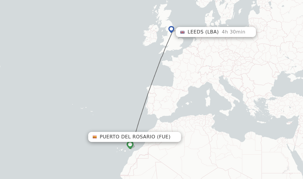Flights from Puerto del Rosario to Leeds route map