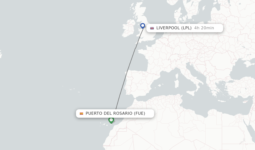 Flights from Puerto del Rosario to Liverpool route map