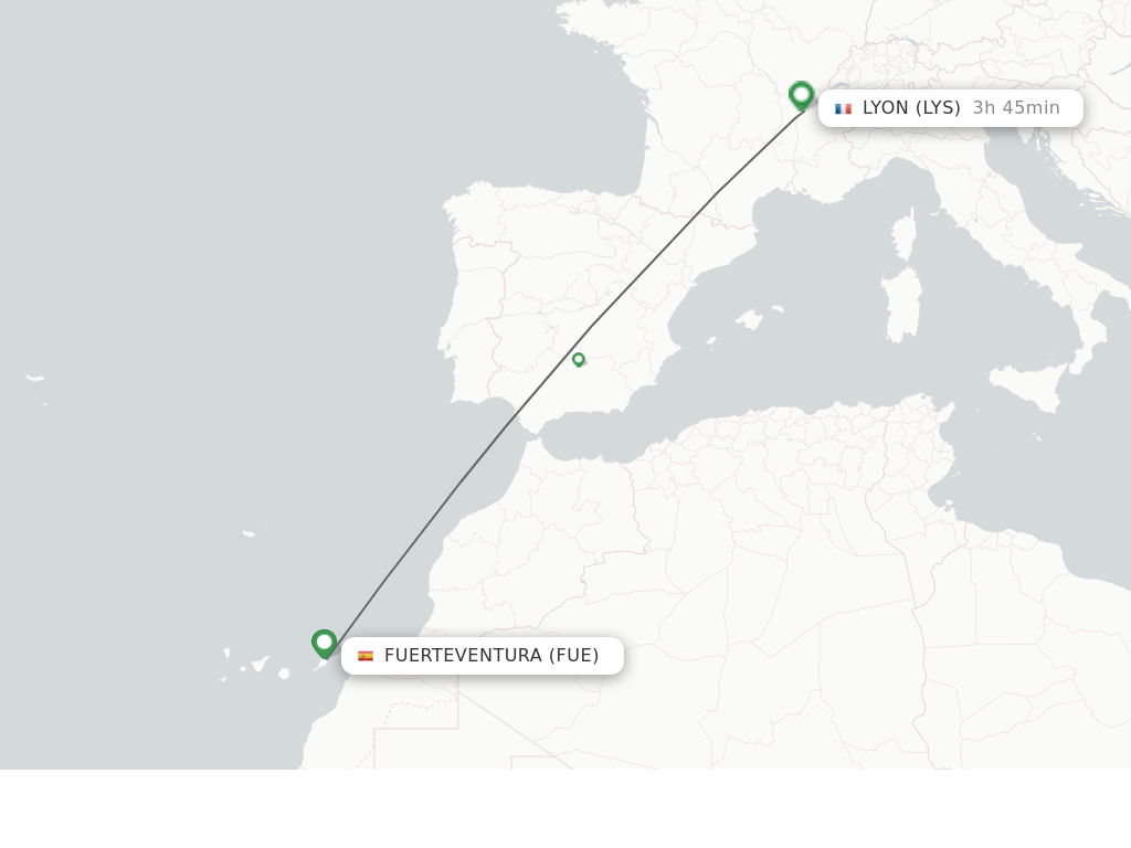 Flights from Puerto del Rosario to Lyon route map