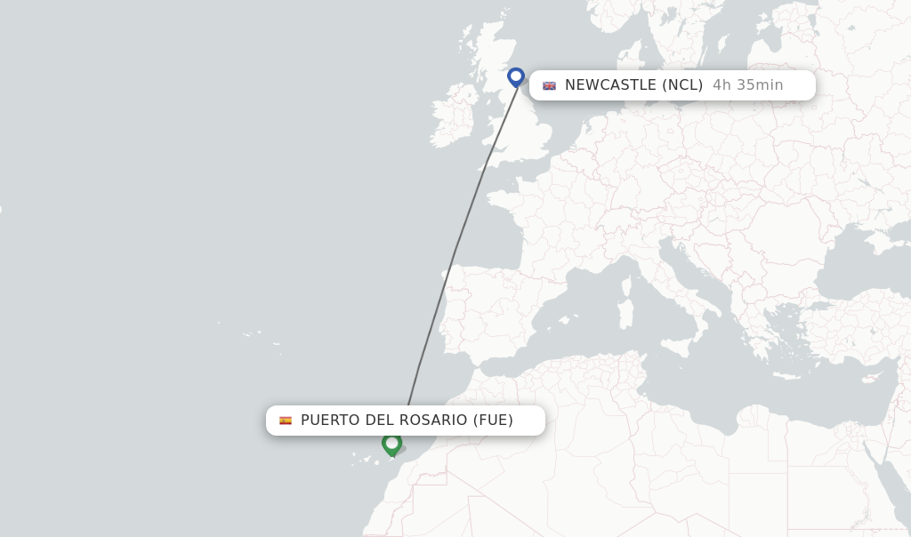 Flights from Puerto del Rosario to Newcastle route map