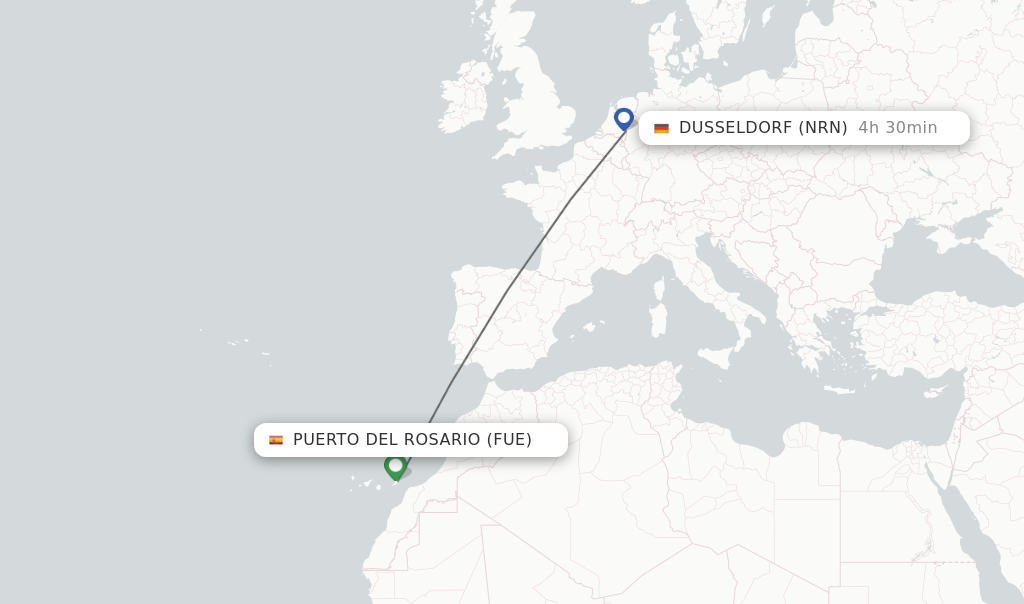 Flights from Puerto del Rosario to Dusseldorf route map