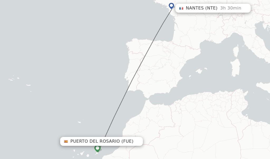 Flights from Puerto del Rosario to Nantes route map